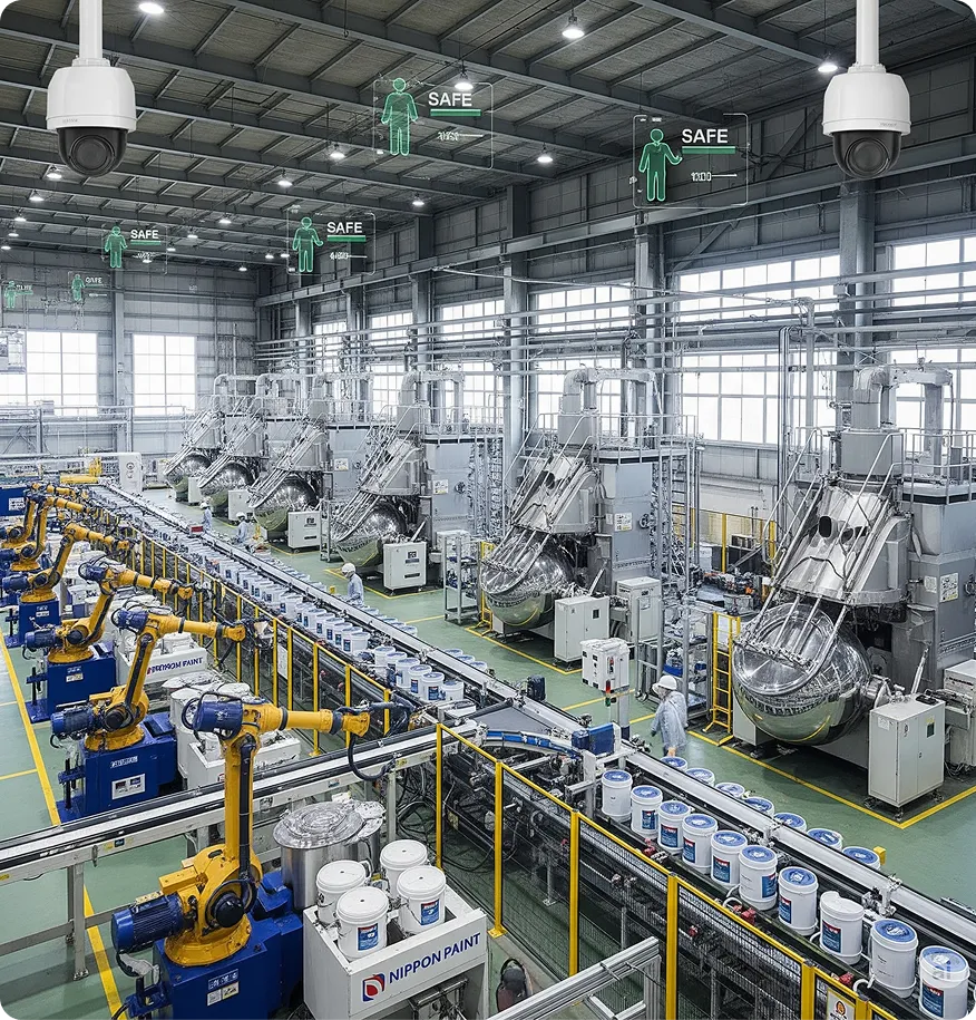 Factory floor with tyre counting using AI overlay